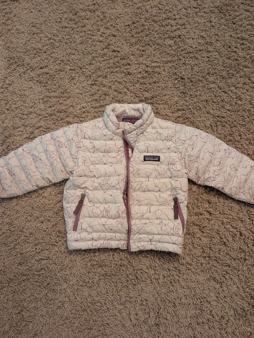 Patagonia Kids Light Pink Patterned Puffer Jacket with Mauve Trim
